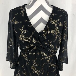 Sarah B Studio Black Gold Floral Wrap Back Tie Blouse Metallic Large Petite